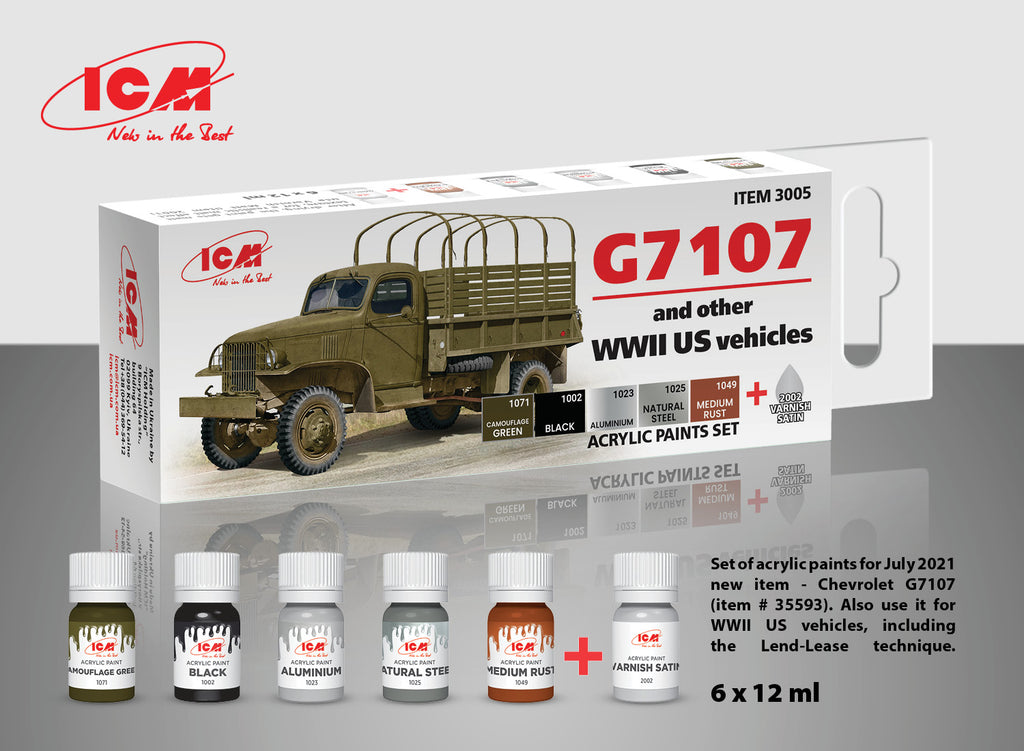 ICM - ICM3005 - Acrylic Paint Set for G7107 4x4 WWII Army Truck -1:32, 1:35, 1:48, 1:72