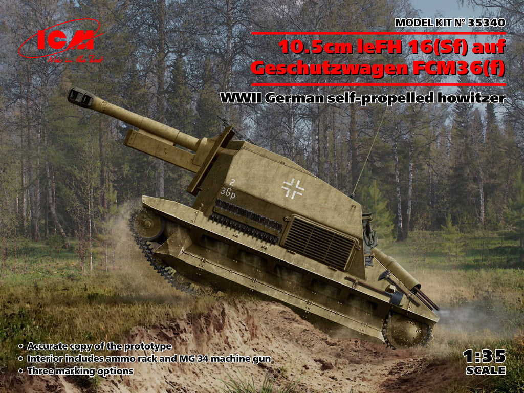 ICM - 35340 -10.5cm leFH 16(Sf) auf Geschutzwagen FCM36(f), WWII German self-propelled howitzer