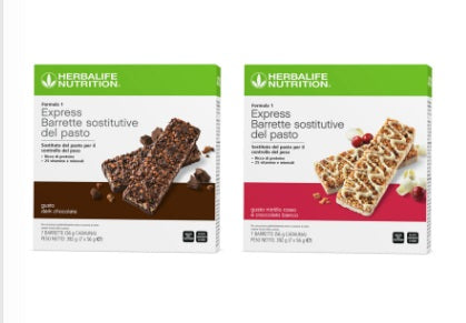 Herbalife - KIT refrigerato Barrette Formula 1 Express sostitutive del pasto gusti misti Dark choccolate e Mirtillo rosso e cioccolato bianco 84 barrette 12 confezioni
