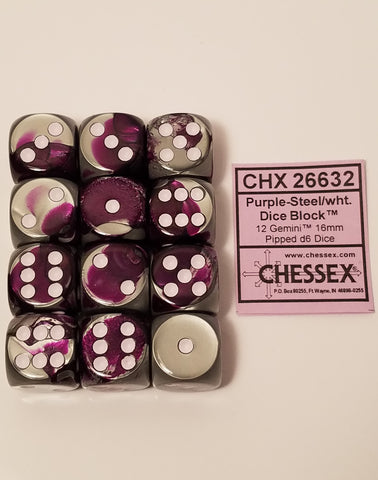 Chessex - 26632 - Purple-Steel w/white - Dice Block (16mm)