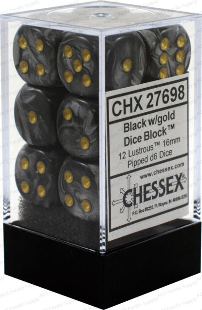 Chessex - 27698 - Lustrous Black w/gold - Dice Block (16mm)