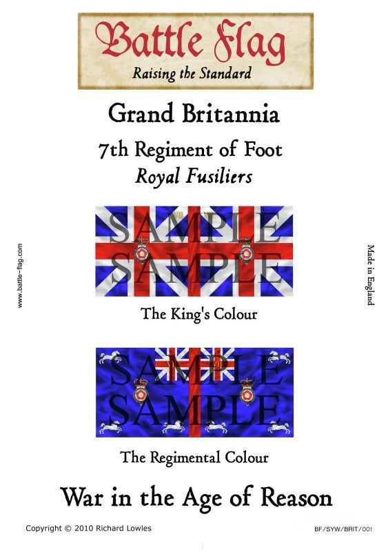 Battle Flag - Grand Britannia 7th Regiment of Foot, "The Royal Fusiliers" (Seven Years war) - 28mm