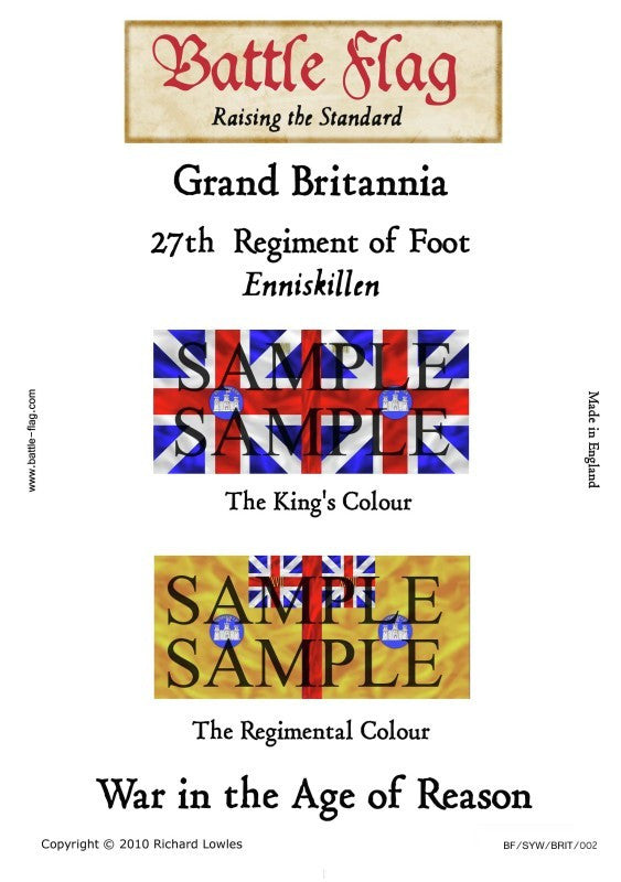 Battle Flag - Grand Britannia 27th Regiment of Foot, "The Enniskillen Fusiliers" (Seven Years war) - 28mm