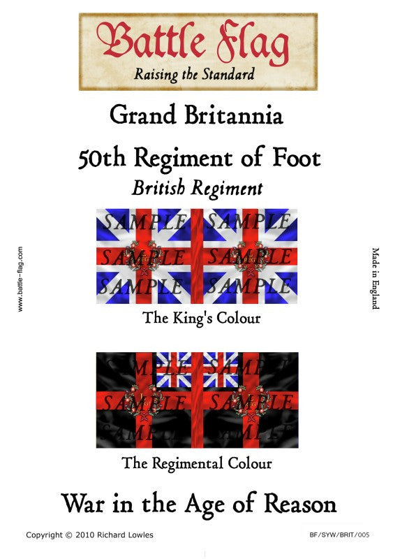 Battle Flag - Grand Britannia 50th Regiment of Foot (British Regiment)-(Seven Years war) - 28mm