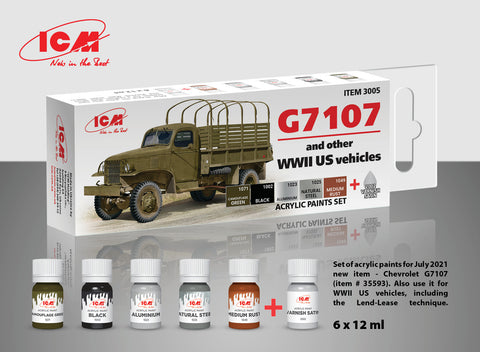 ICM - ICM3005 - Acrylic Paint Set for G7107 4x4 WWII Army Truck -1:32, 1:35, 1:48, 1:72