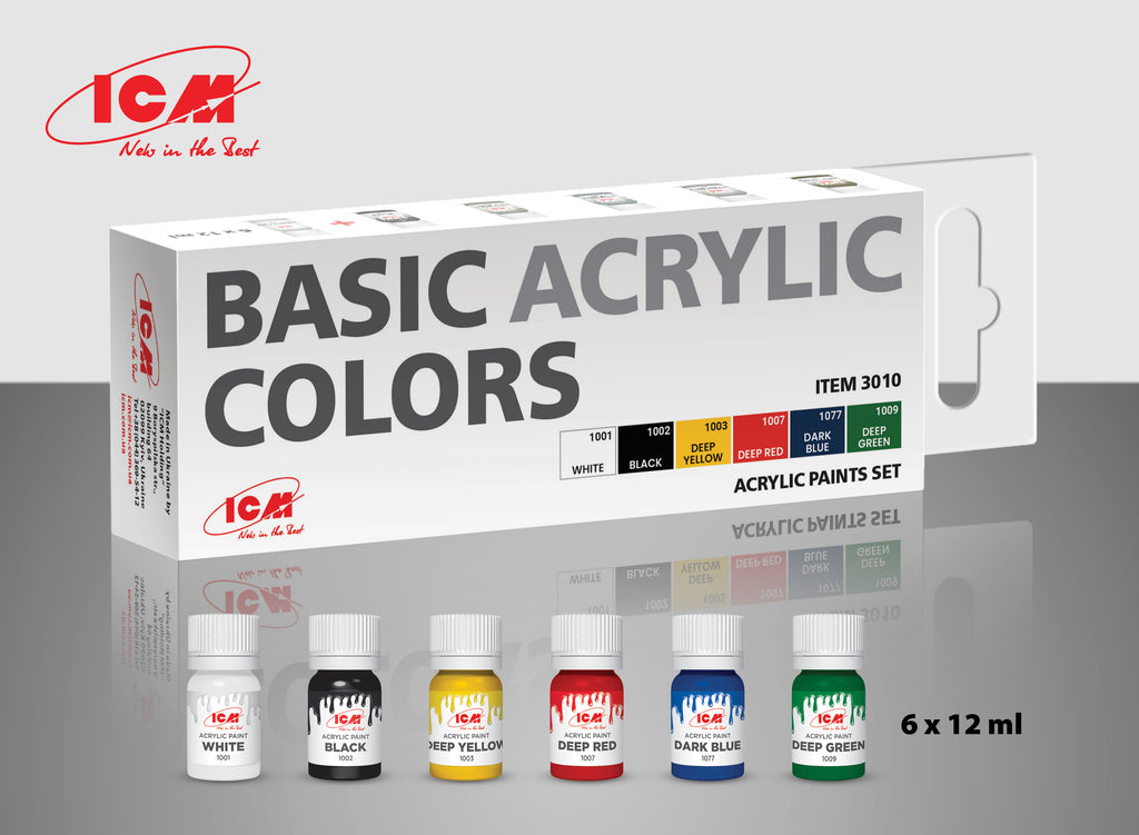 ICM - 3010 - Basic Acrylic Paints Colours. White Black Red Yellow Blue Green
