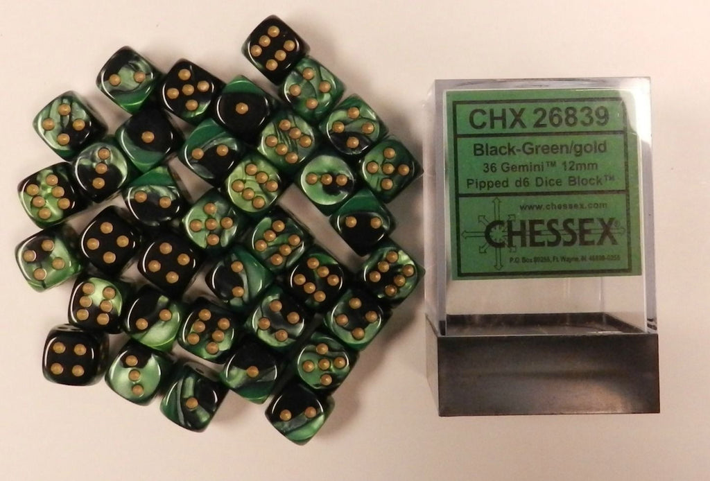 Chessex - 26839 - Black-Green w/gold - dice block (12mm)